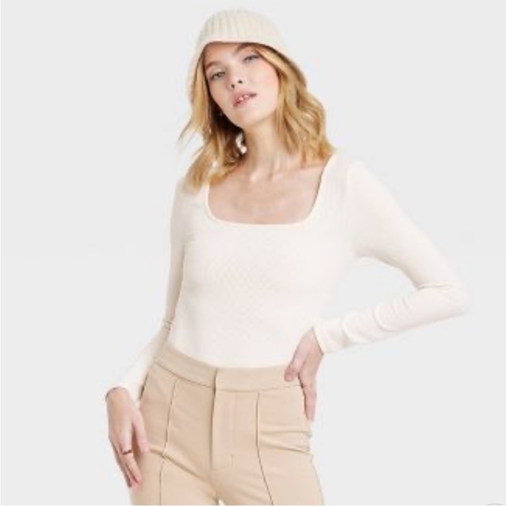 Women's Slim Fit Ribbed Bodysuit Square Neckline- A New Day Size Medium